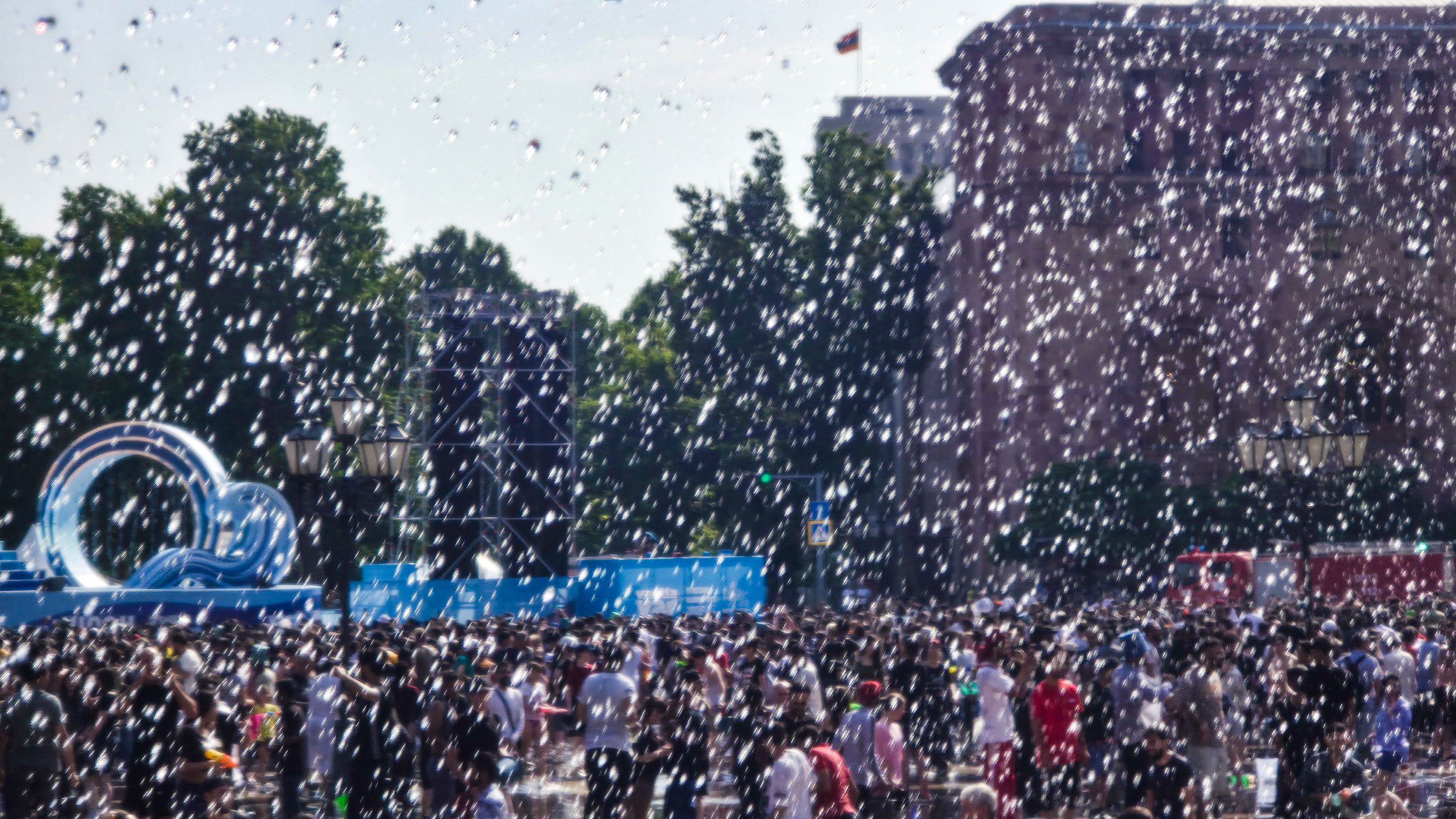 Water splashing from every direction during Vardavar at Republic Square, Yerevan